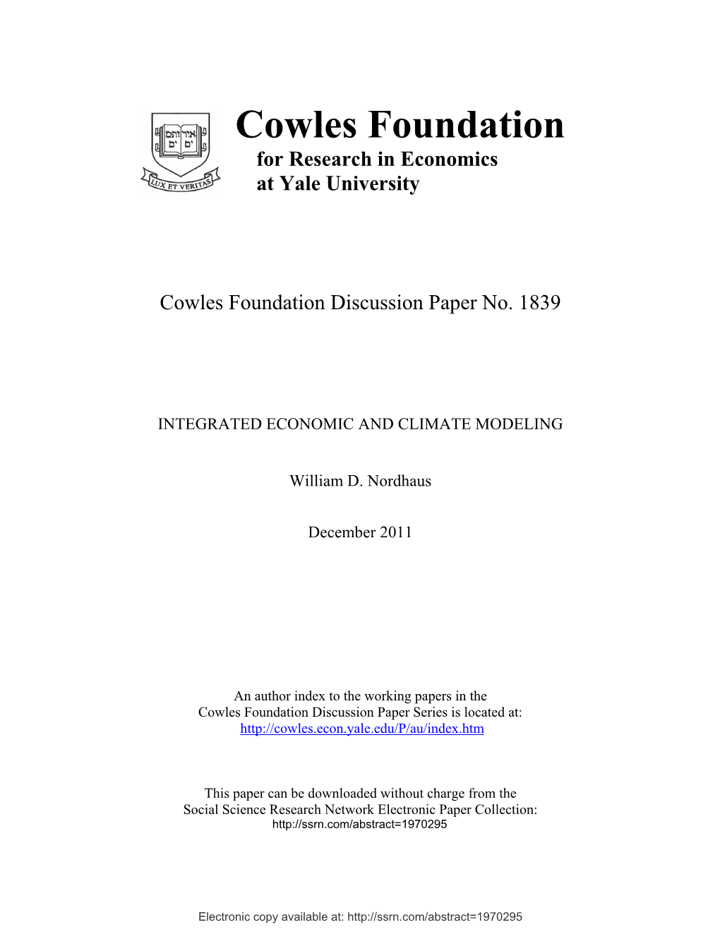 “Integrated Economic and Climate Modeling.” Cowles Foundation