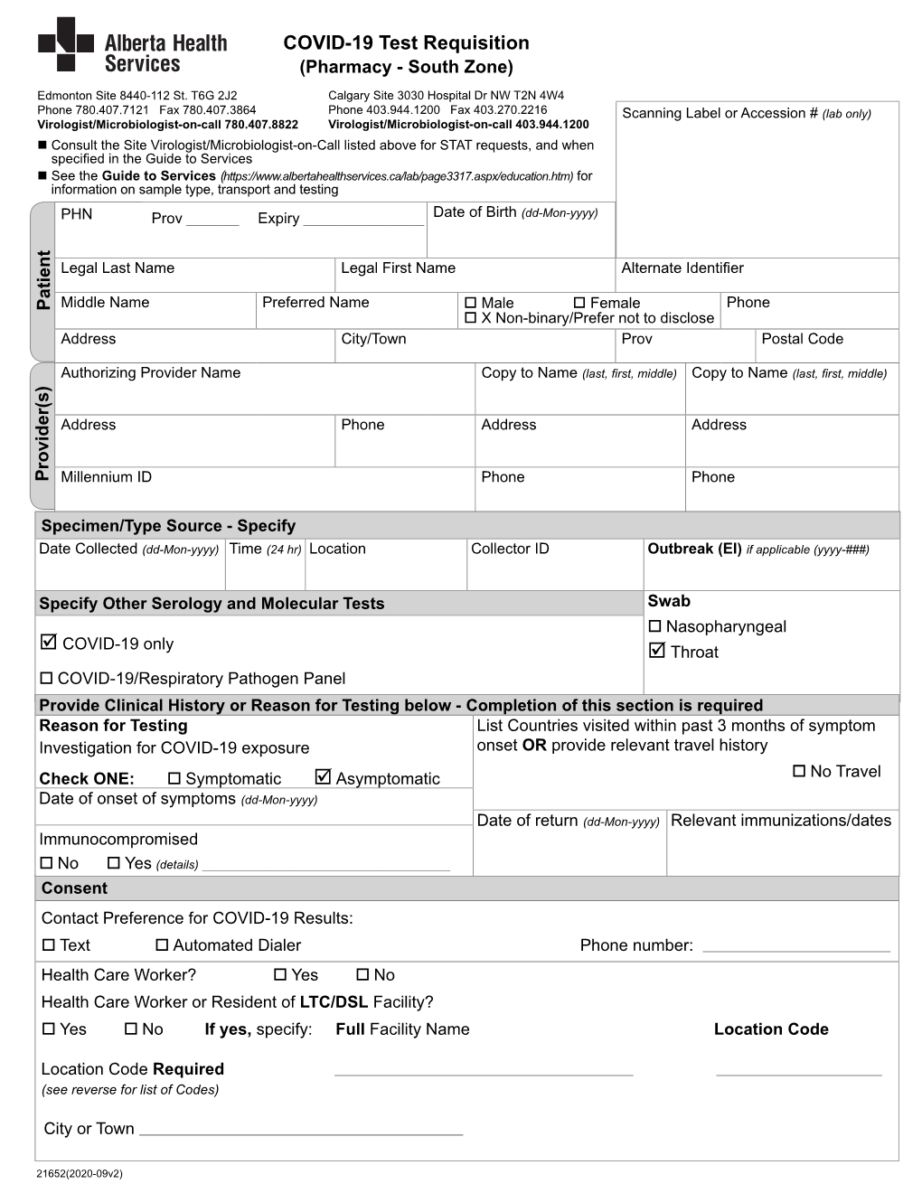 COVID-19 Test Requisition (Pharmacy - South Zone)