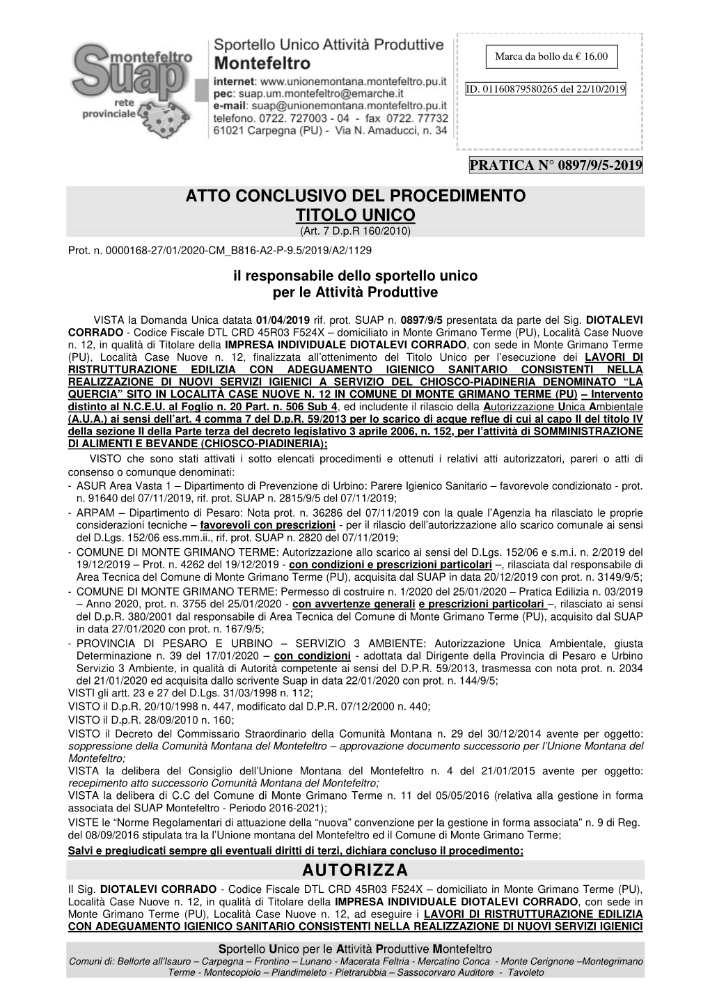 ATTO CONCLUSIVO DEL PROCEDIMENTO TITOLO UNICO (Art