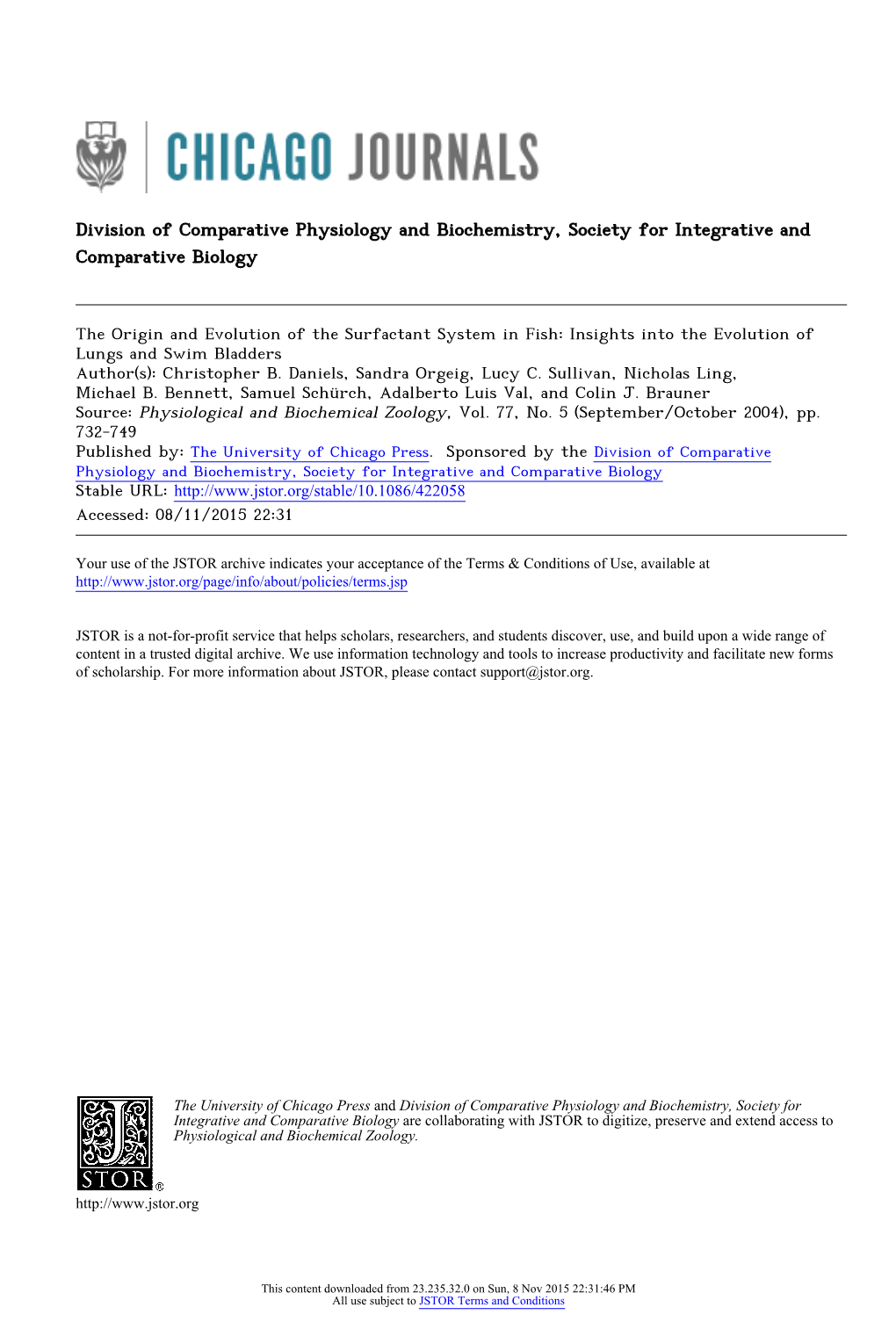 Insights Into the Evolution of Lungs and Swim Bladders Author(S): Christopher B