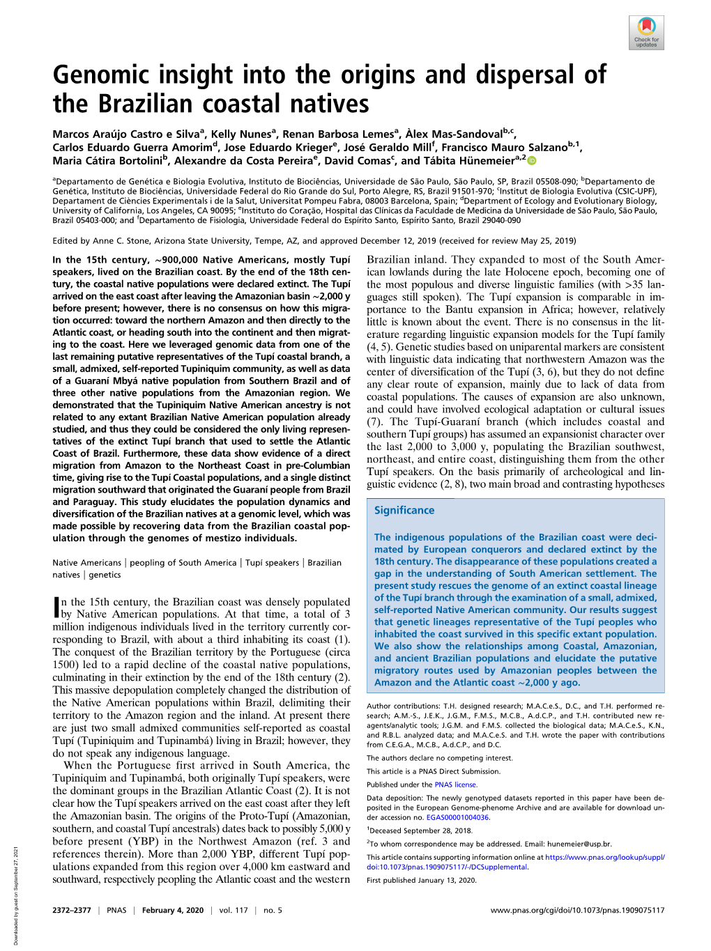 Genomic Insight Into the Origins and Dispersal of the Brazilian Coastal Natives