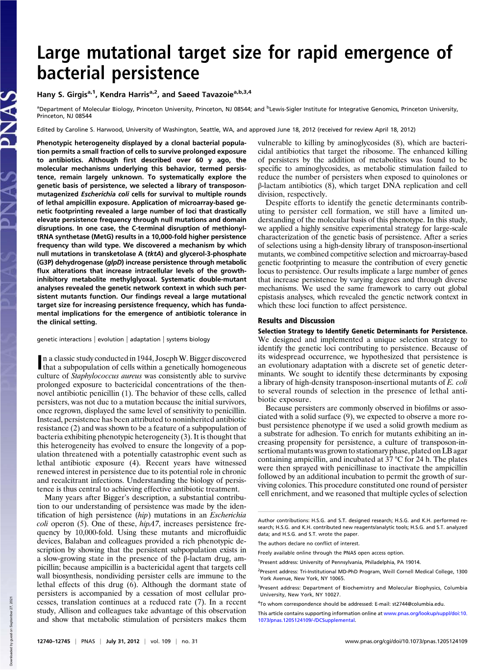 Large Mutational Target Size for Rapid Emergence of Bacterial Persistence