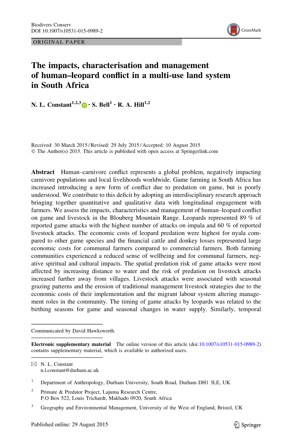 The Impacts, Characterisation and Management of Human–Leopard Conflict in a Multi-Use Land System in South Africa