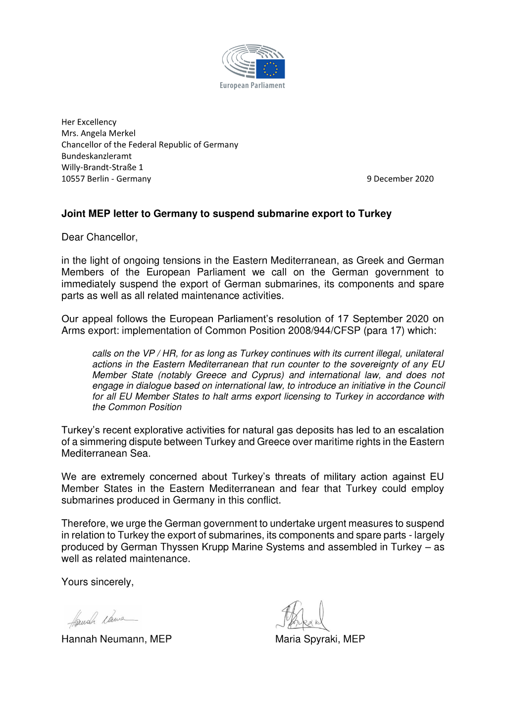 Joint MEP Letter to Germany to Suspend Submarine Export to Turkey