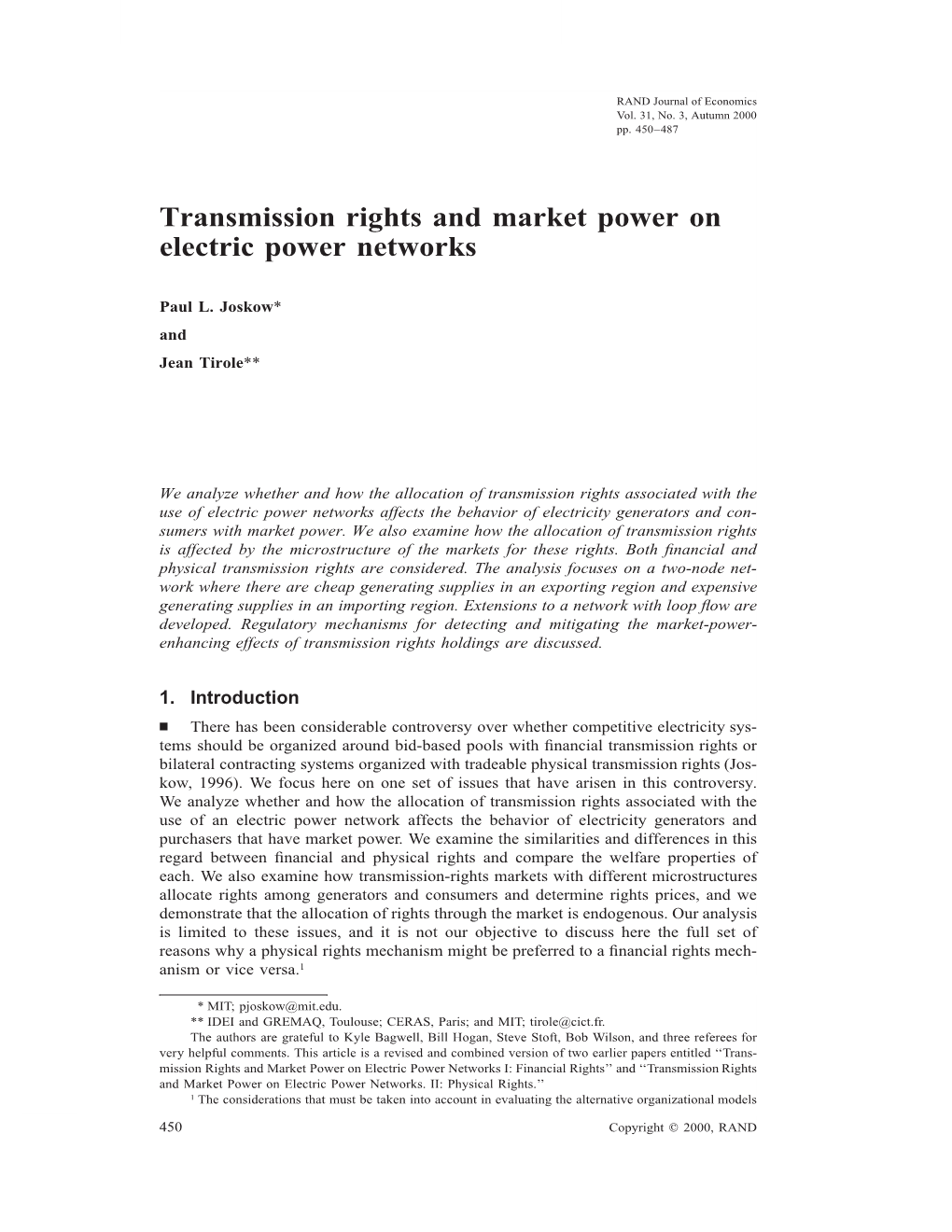 Transmission Rights and Market Power on Electric Power Networks