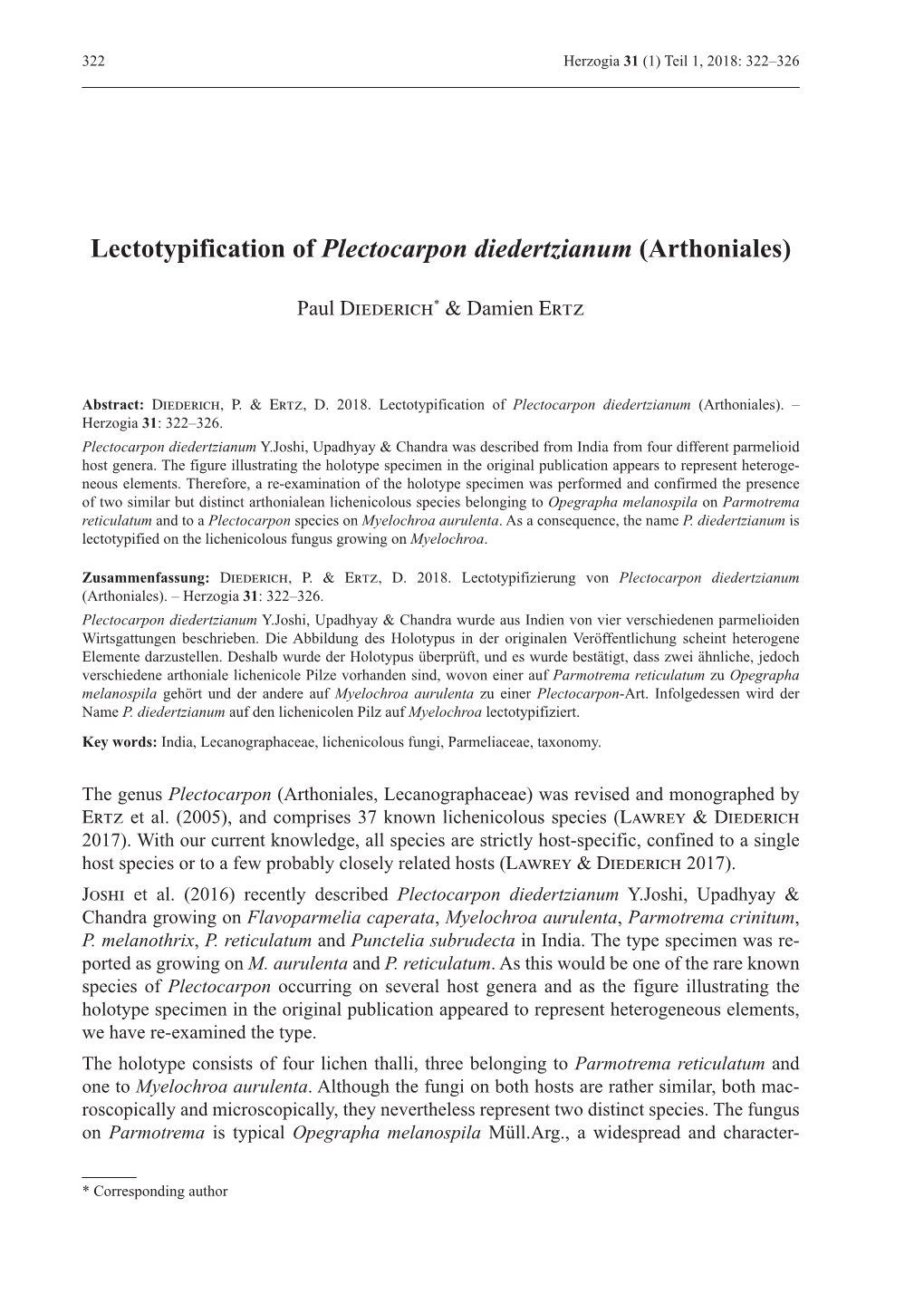 Lectotypification of Plectocarpon Diedertzianum (Arthoniales)
