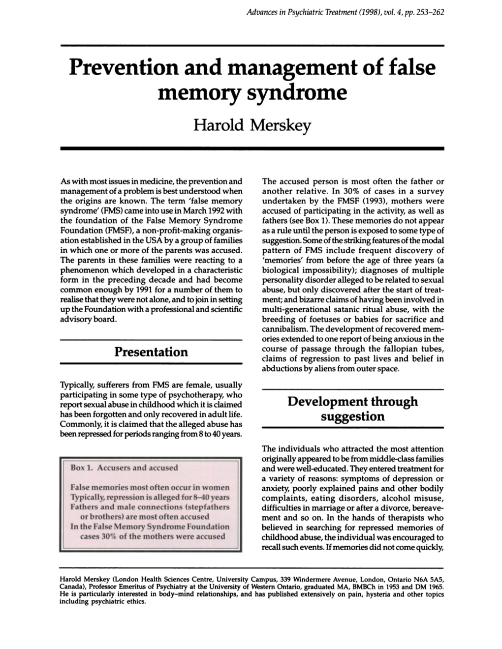 Prevention and Management of False Memory Syndrome Harold Merskey