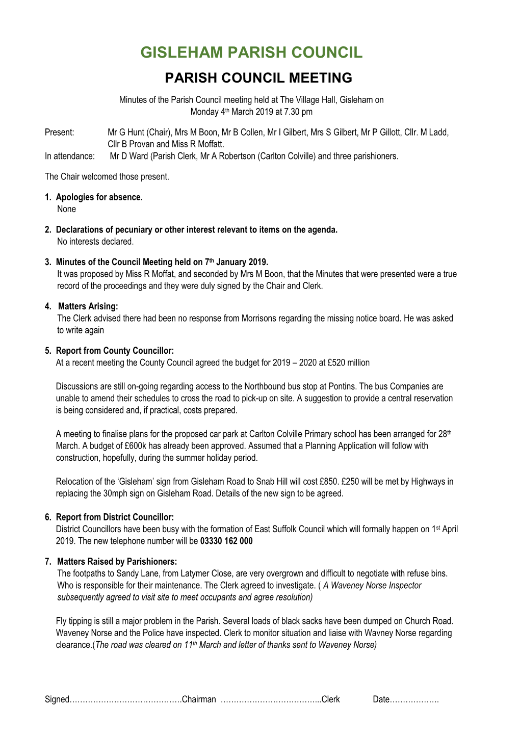 Minutes of Parish Meeting 4Th March 2019