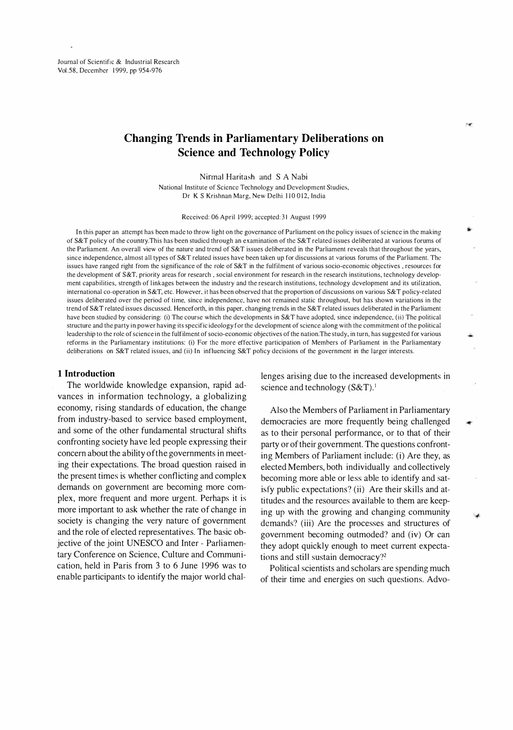 Changing Trends in Parliamentary Deliberations on Science and Technology Policy