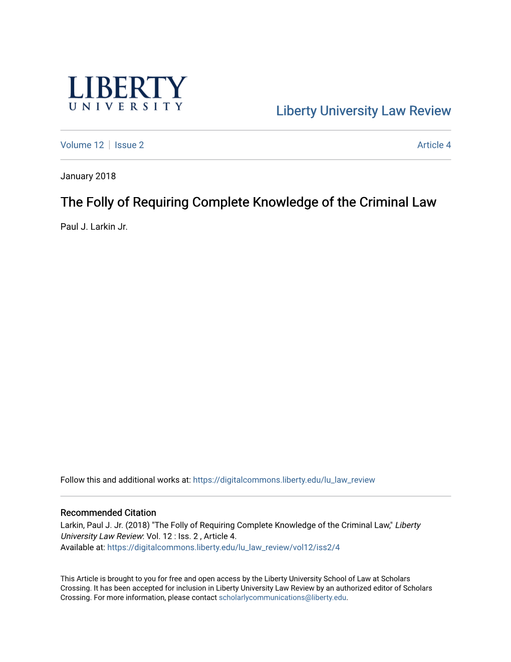The Folly of Requiring Complete Knowledge of the Criminal Law
