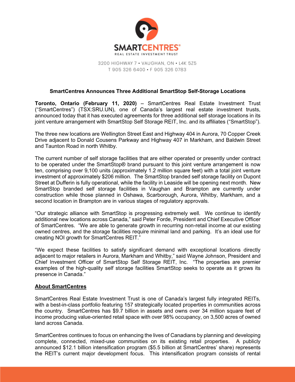 Smartcentres Announces Three Additional Smartstop Self-Storage Locations