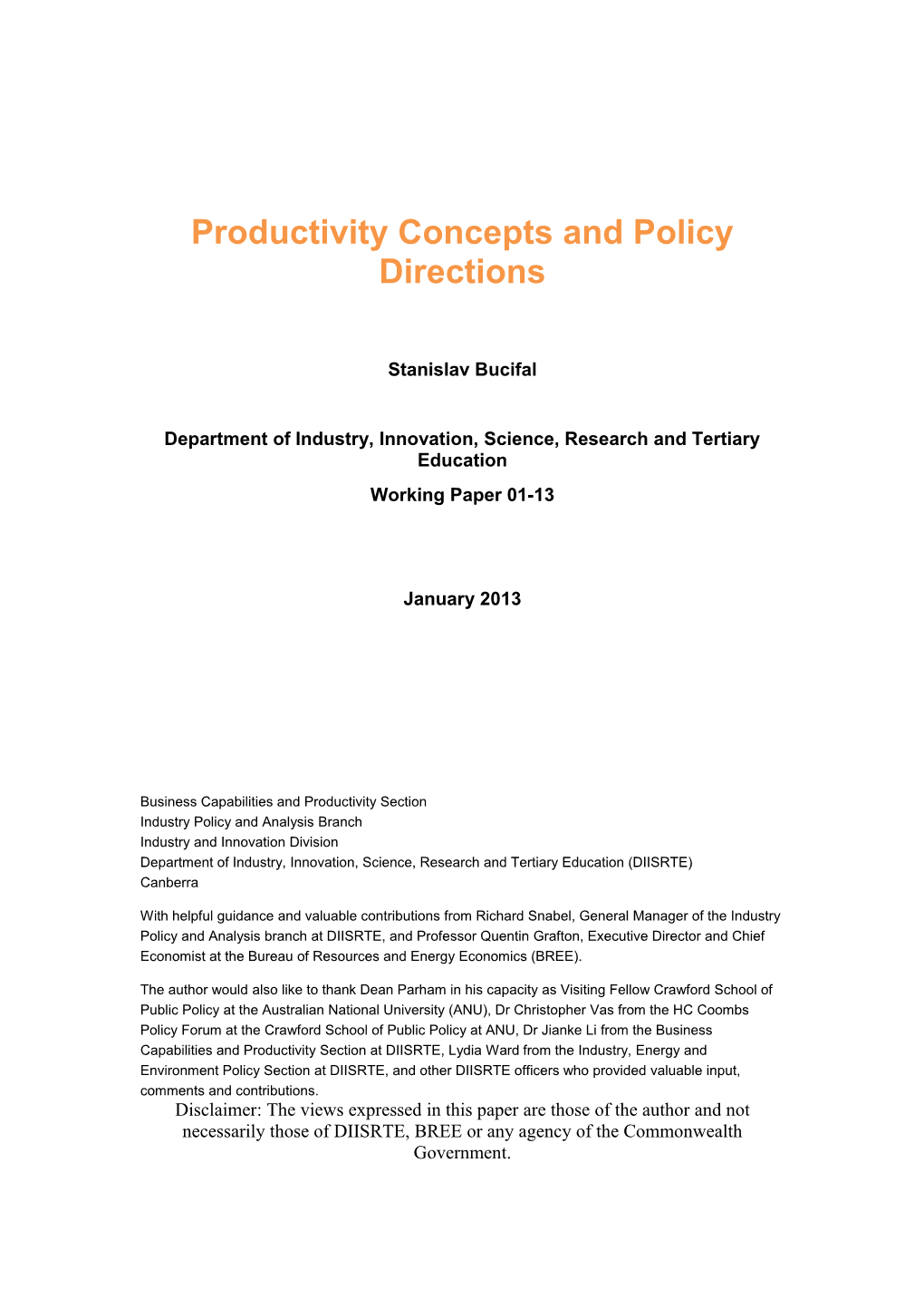 Productivity Concepts and Policy Directions