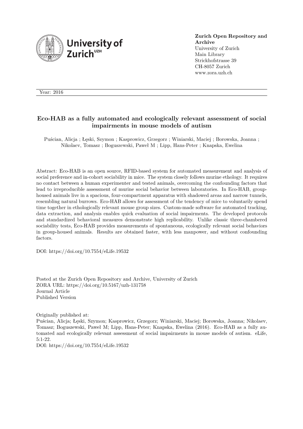 Eco-HAB As a Fully Automated and Ecologically Relevant Assessment of Social Impairments in Mouse Models of Autism