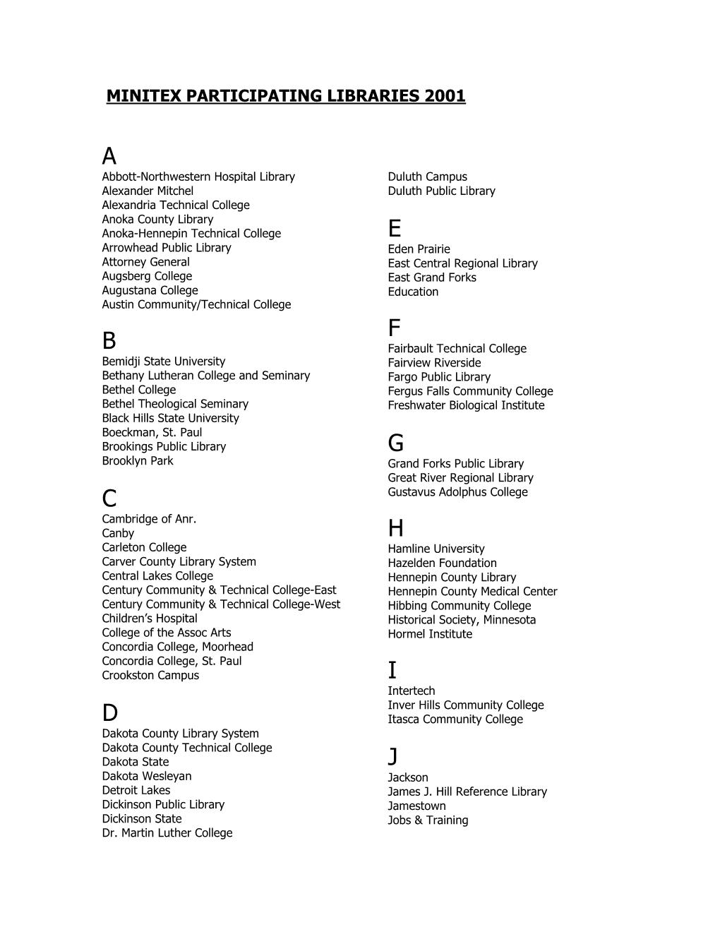 Minitex Participating Libraries 2001