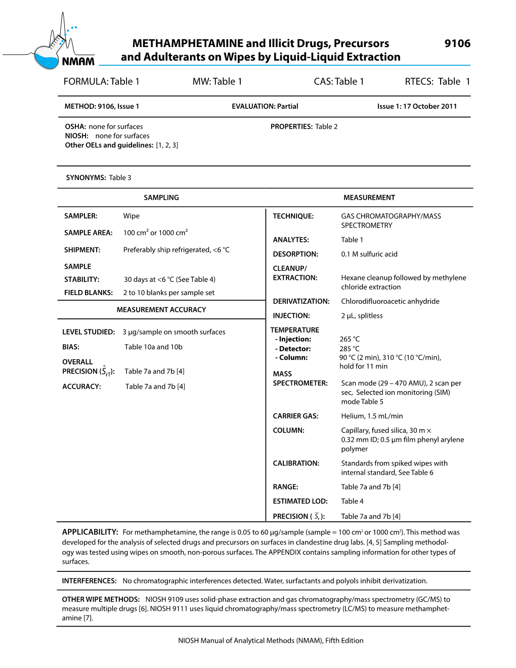 NMAM 9106: METHAMPHETAMINE and Illicit Drugs, Precursors