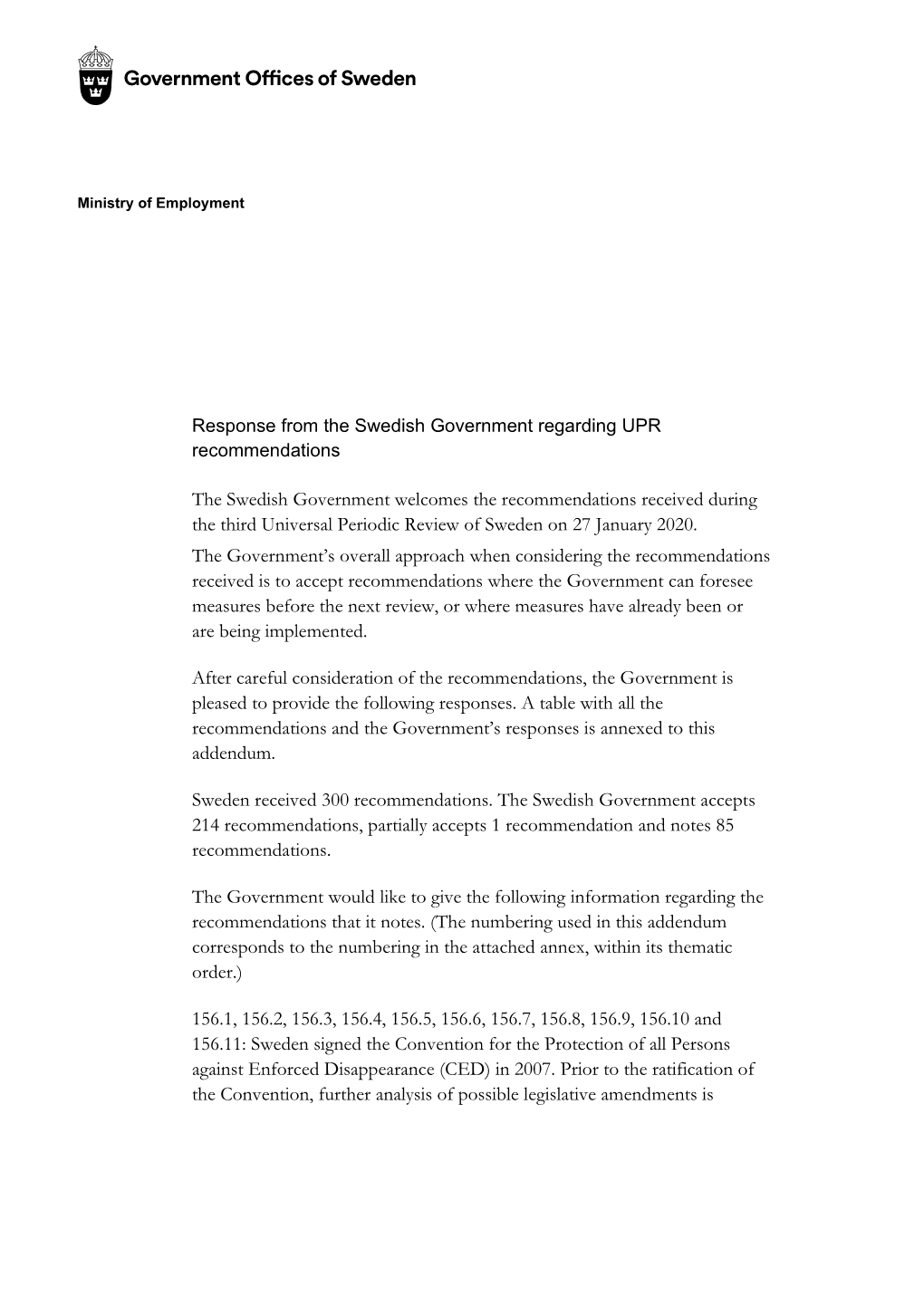 Response from the Swedish Government Regarding UPR Recommendations