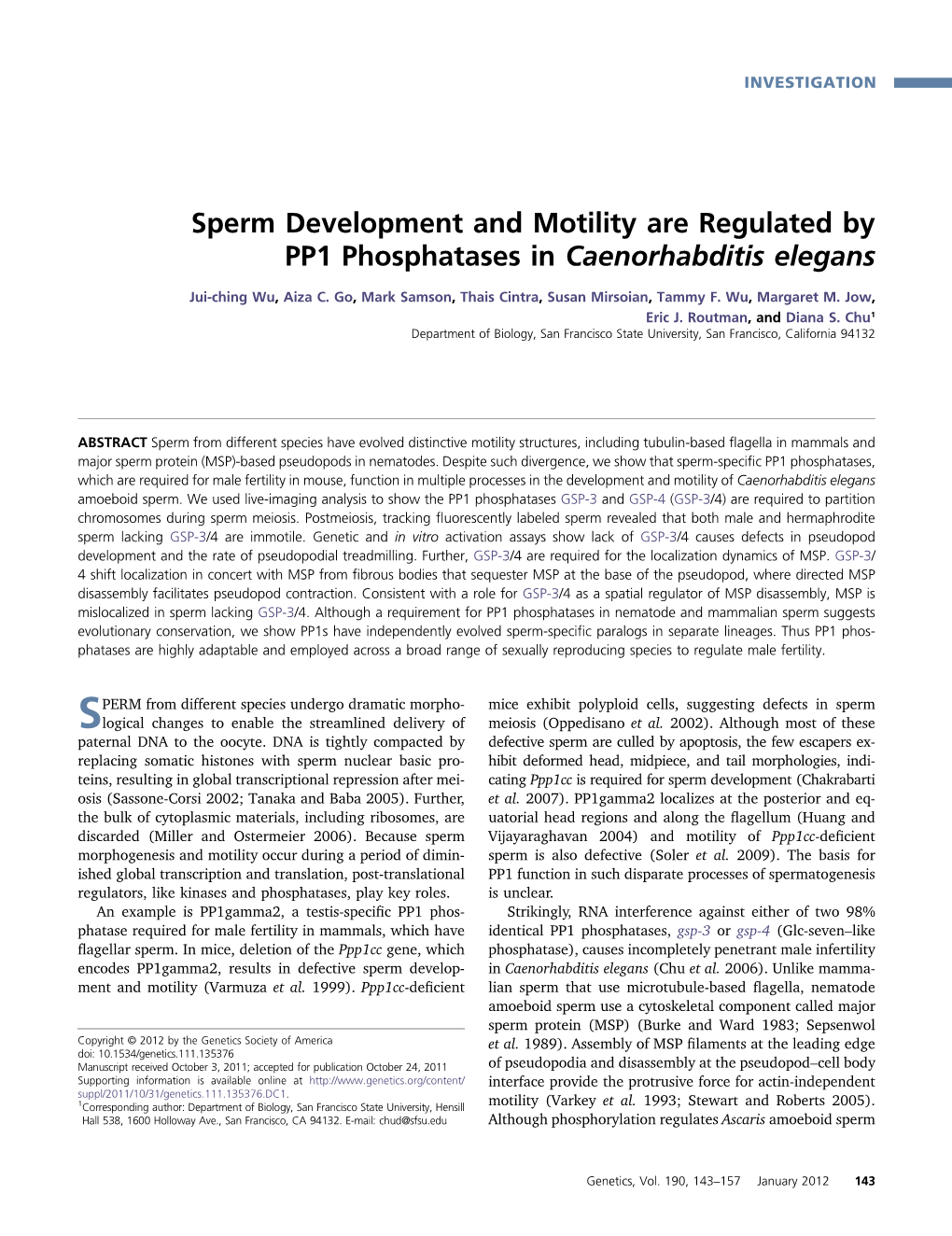 Sperm Development and Motility Are Regulated by PP1 Phosphatases in Caenorhabditis Elegans