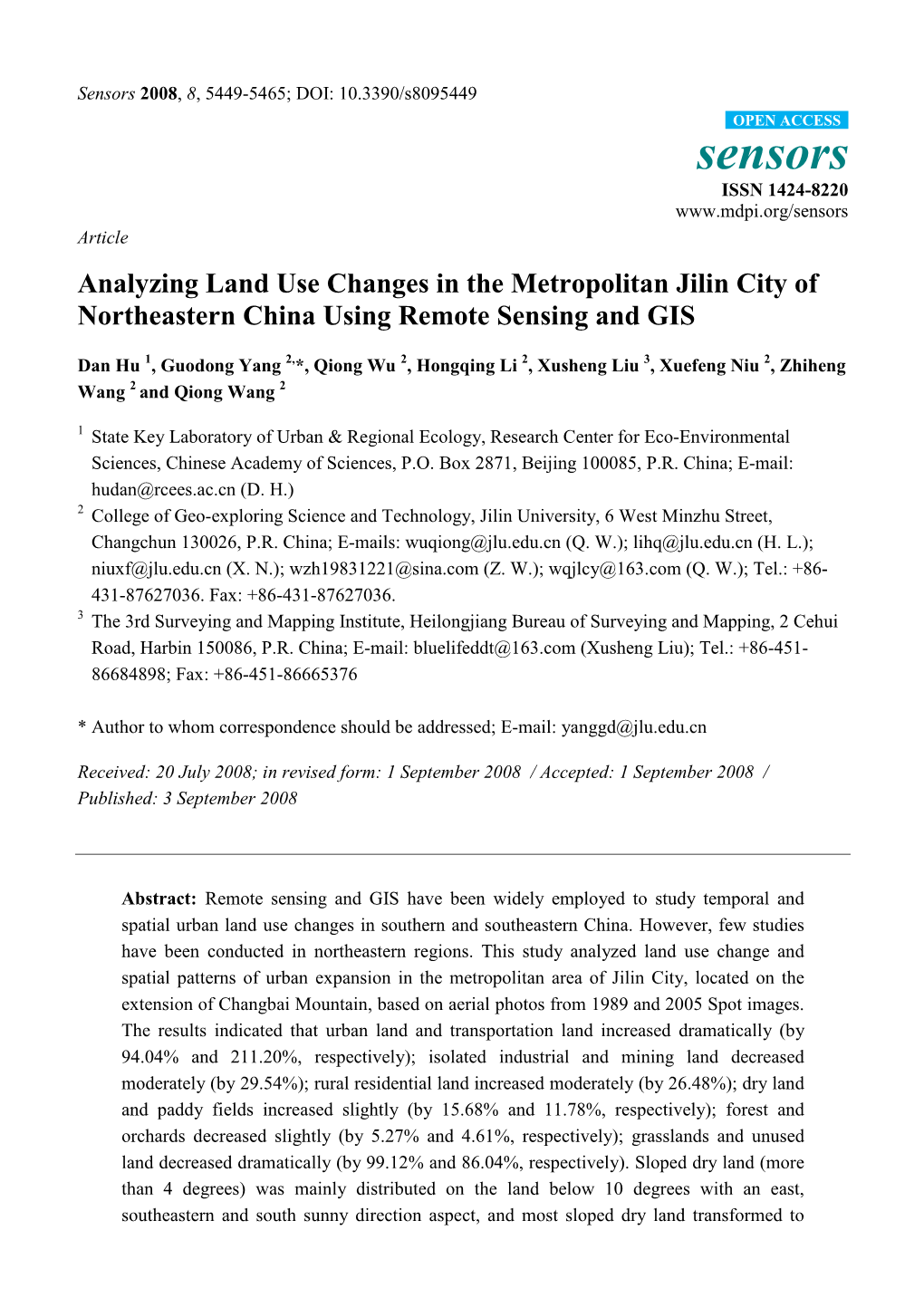 Analyzing Land Use Changes in the Metropolitan Jilin City of Northeastern China Using Remote Sensing and GIS