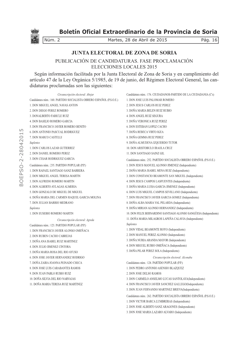 Boletín Oficial Extraordinario De La Provincia De Soria Núm