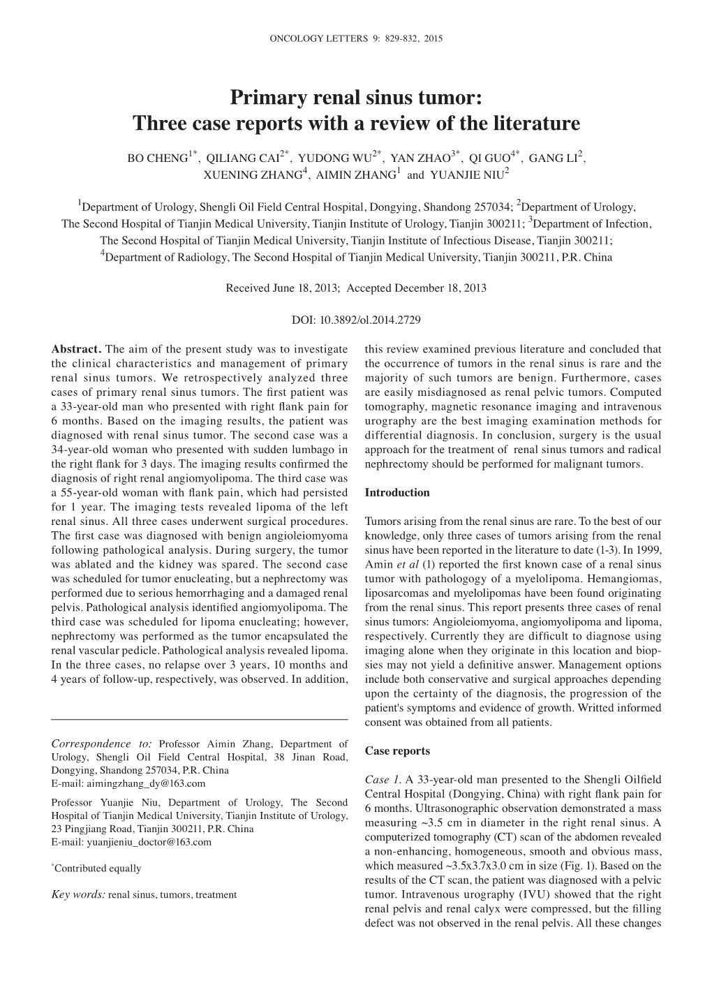 Primary Renal Sinus Tumor: Three Case Reports with a Review of the Literature