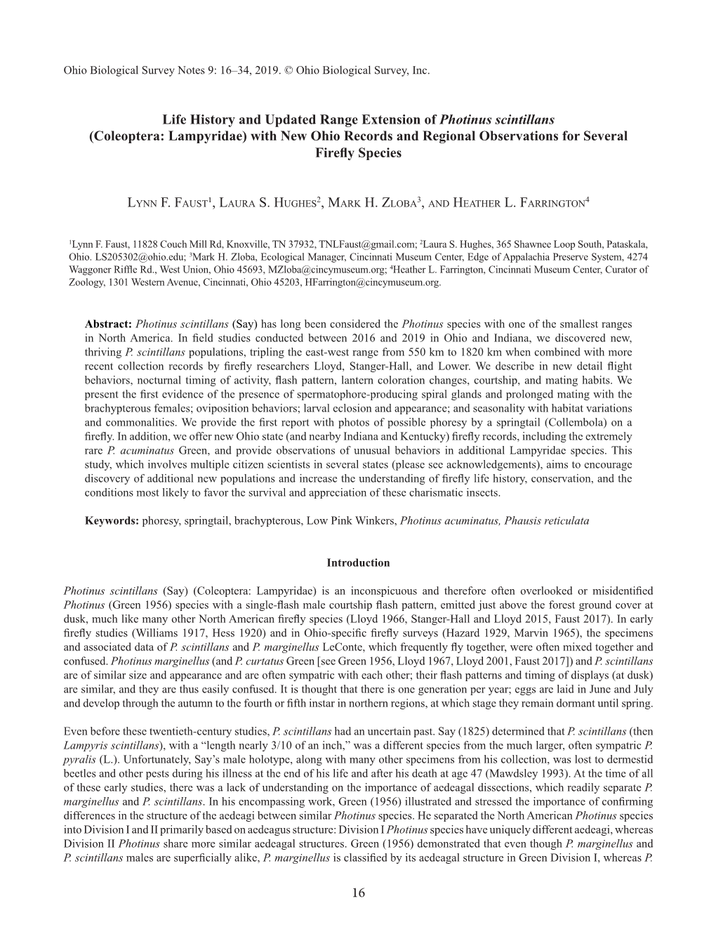 Coleoptera: Lampyridae) with New Ohio Records and Regional Observations for Several Firefly Species