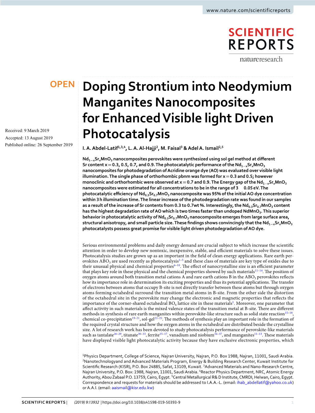 Doping Strontium Into Neodymium Manganites Nanocomposites for Enhanced Visible Light Driven Photocatalysis