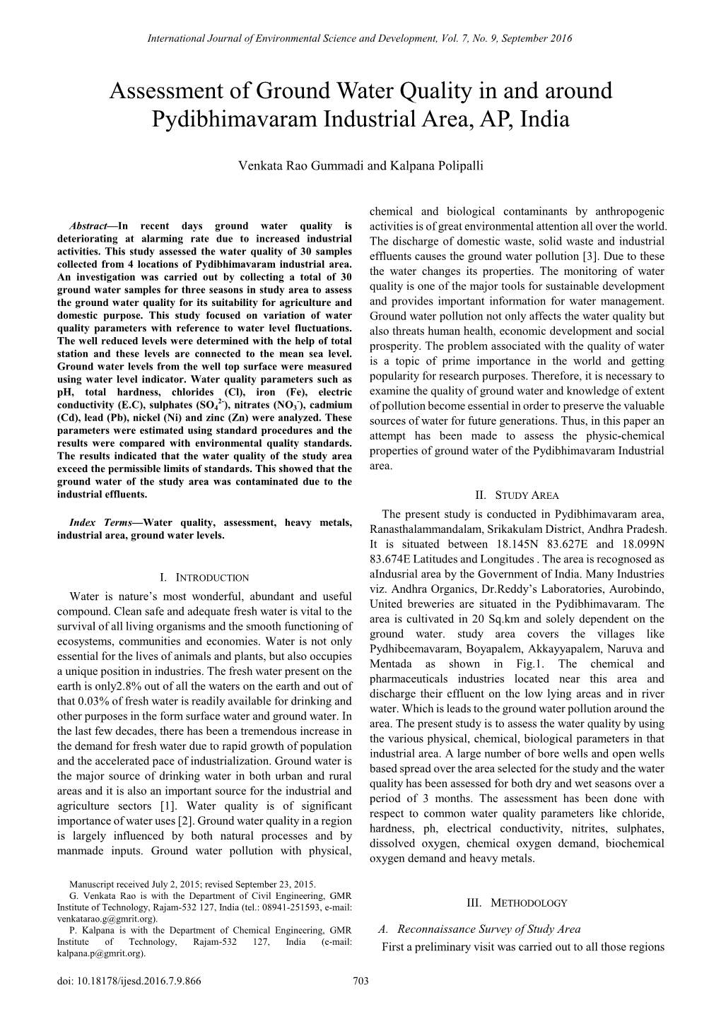 Assessment of Ground Water Quality in and Around Pydibhimavaram Industrial Area, AP, India