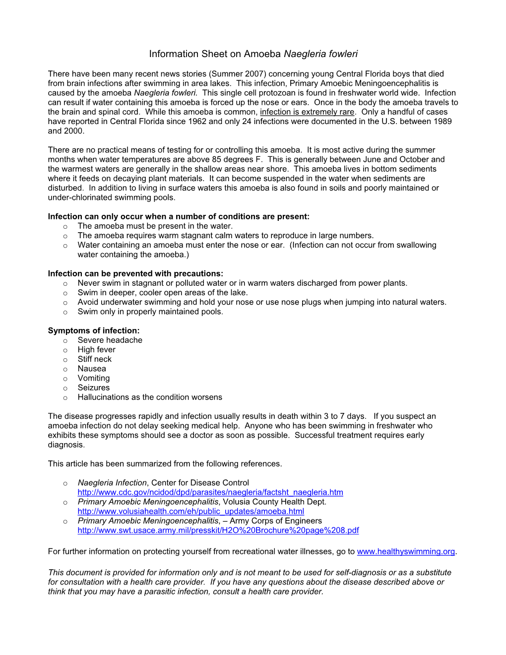 Information Sheet on Amoeba Naegleria Fowleri