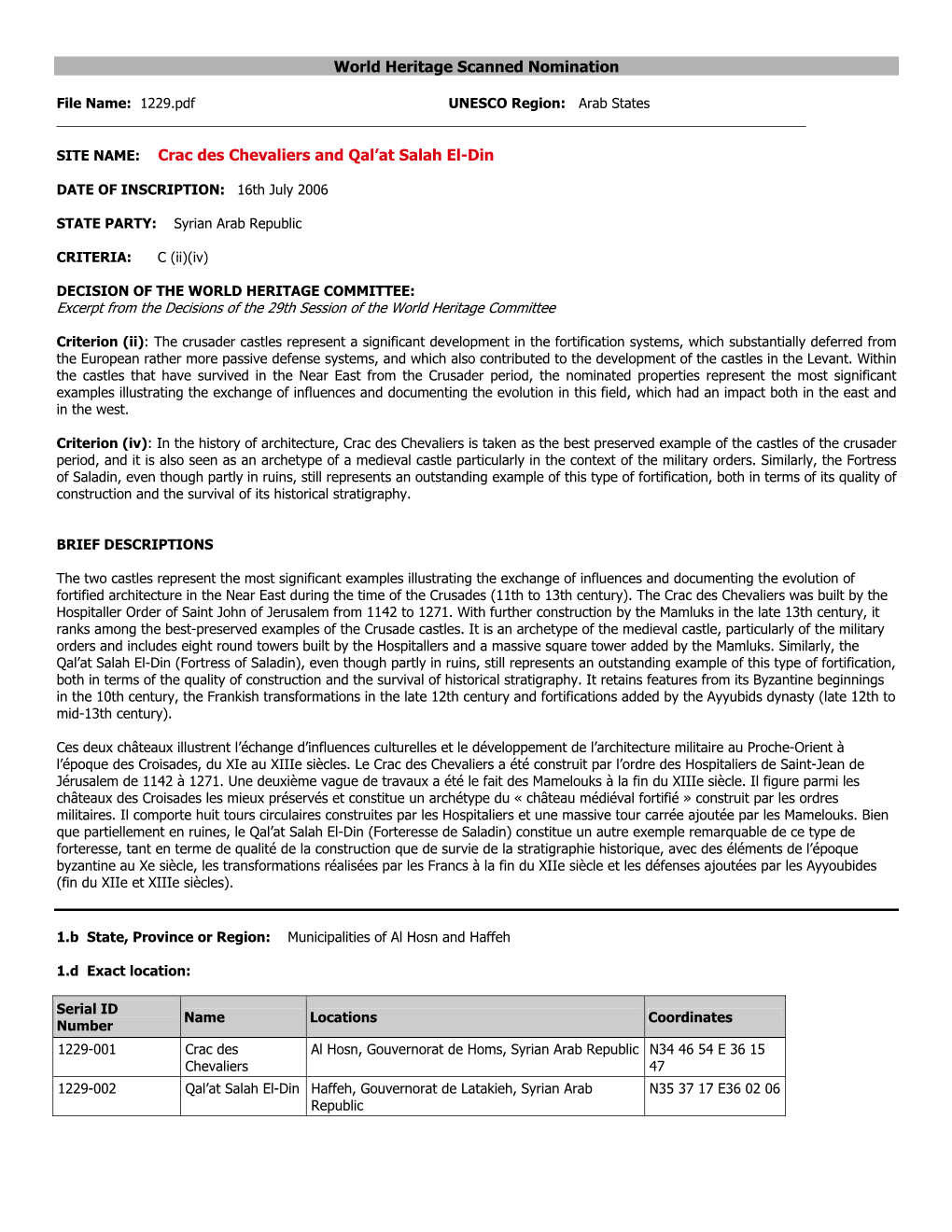 World Heritage Scanned Nomination Crac Des Chevaliers and Qal'at