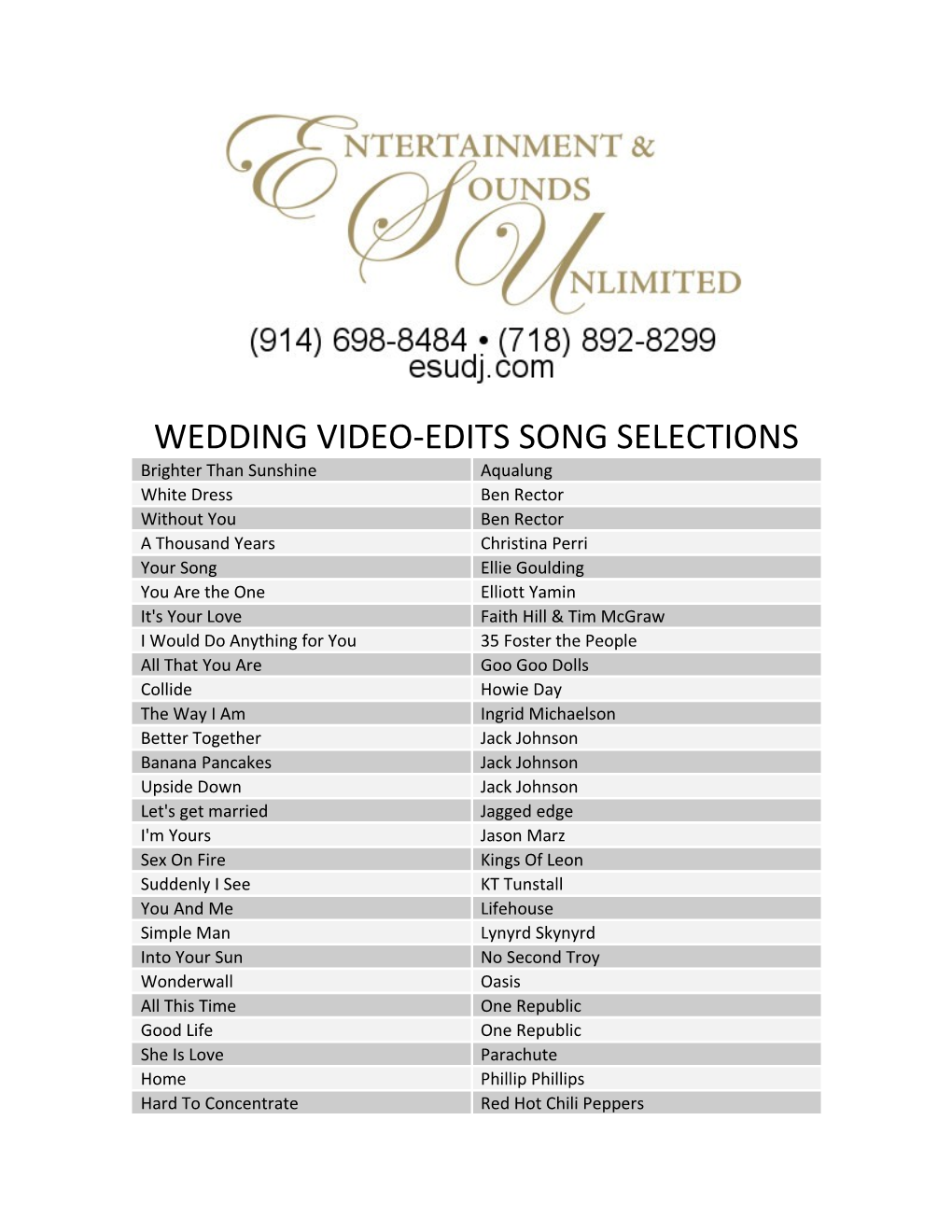 Wedding Video-Edits Song Selections