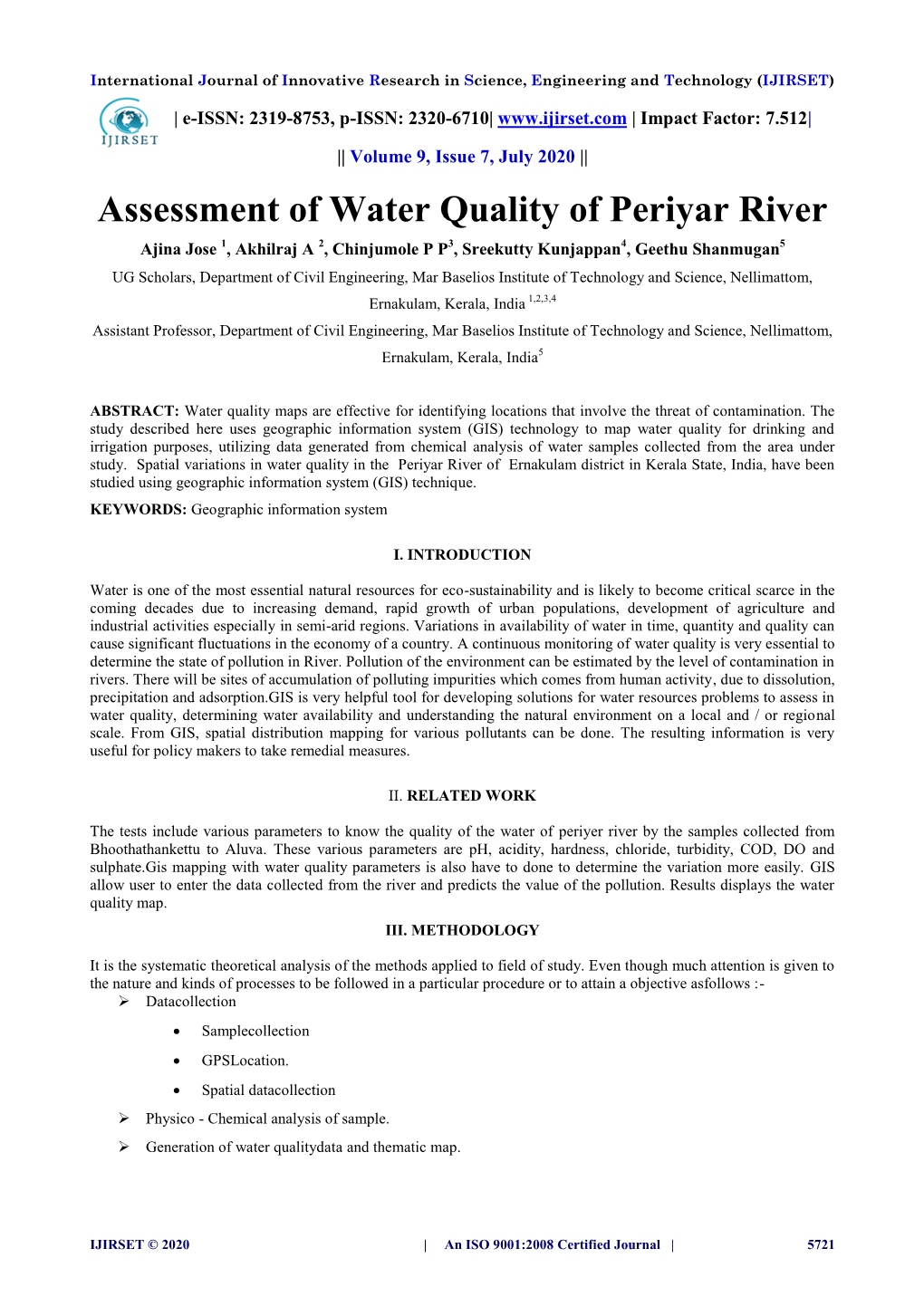 Assessment of Water Quality of Periyar River