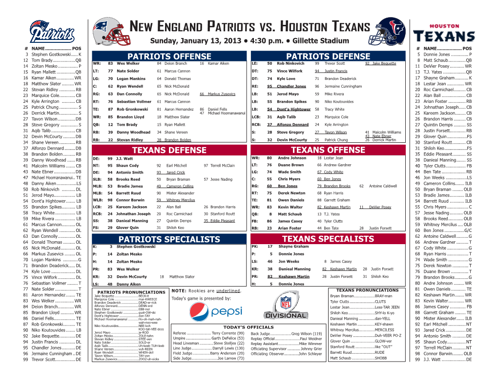 New England Patriots Vs . Houston Texans