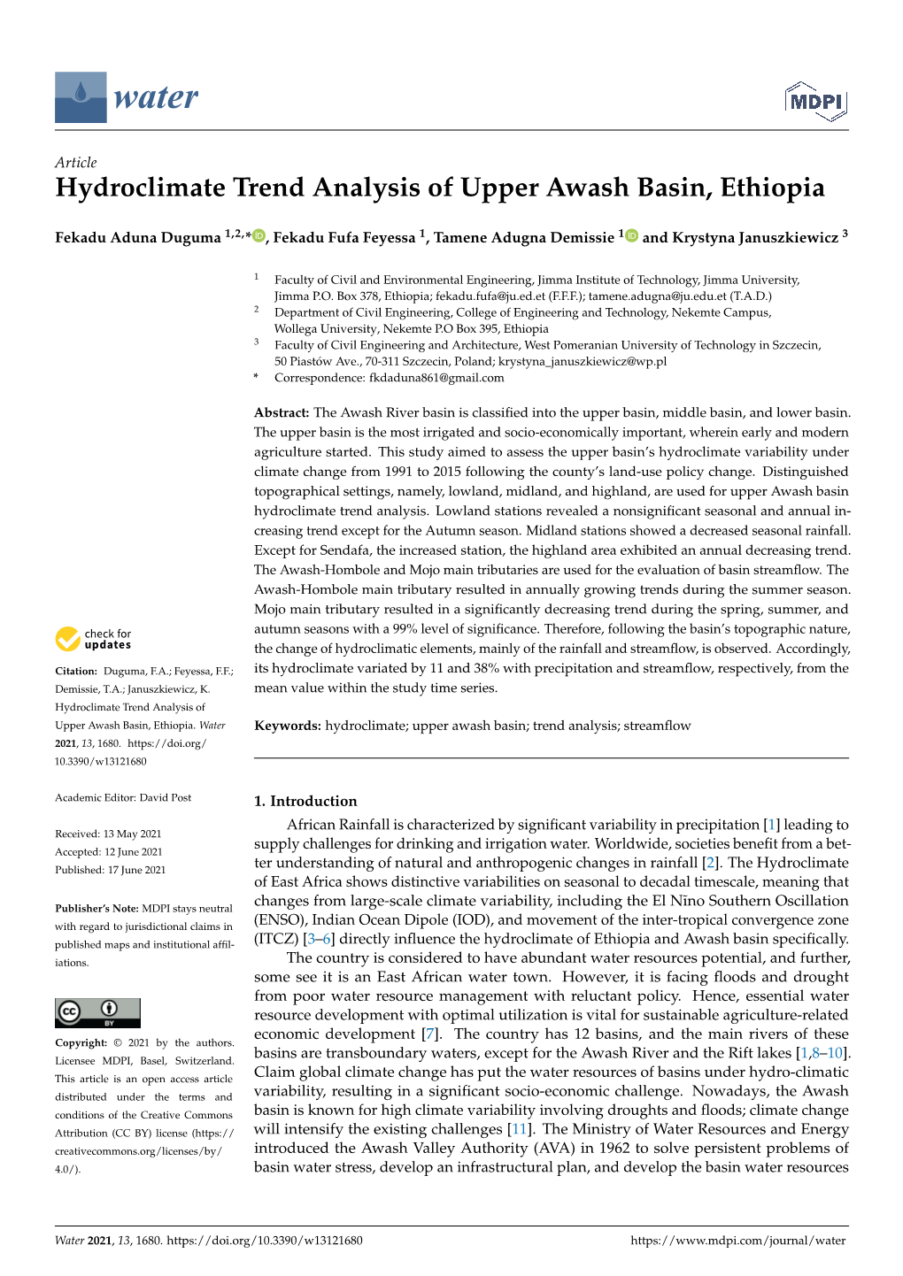 Hydroclimate Trend Analysis of Upper Awash Basin, Ethiopia