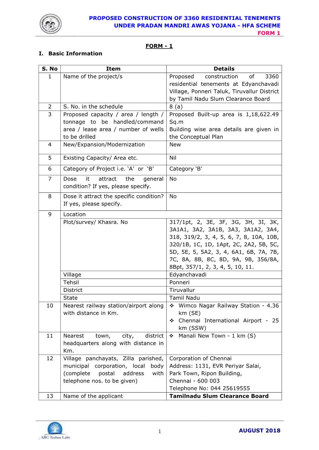 Proposed Construction of 3360 Residential Tenements Under Pradan Mandri Awas Yojana - Hfa Scheme Form 1