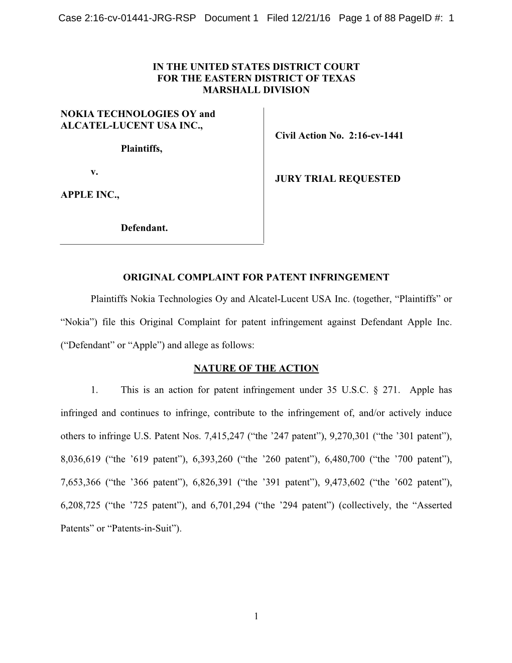 1 in the UNITED STATES DISTRICT COURT for the EASTERN DISTRICT of TEXAS MARSHALL DIVISION NOKIA TECHNOLOGIES OY and ALCATEL-LUC