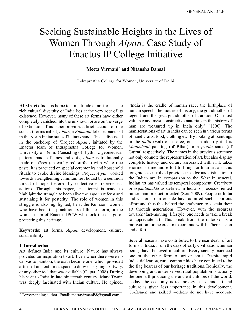 Seeking Sustainable Heights in the Lives of Women Through Aipan: a Case Study of an Enactus IP College Initiative