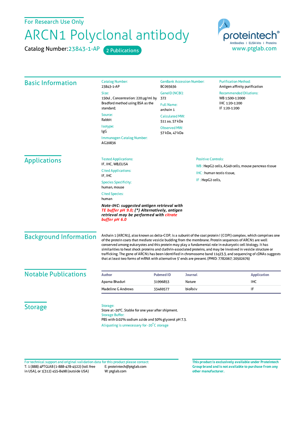 ARCN1 Polyclonal Antibody Catalog Number:23843-1-AP 2 Publications