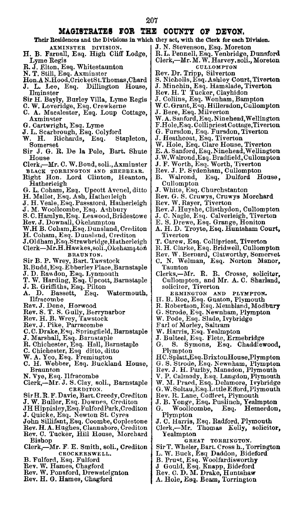 DEVON. Their Residences and the Divisions Ln Which They Act, with the Clerk for Each Division