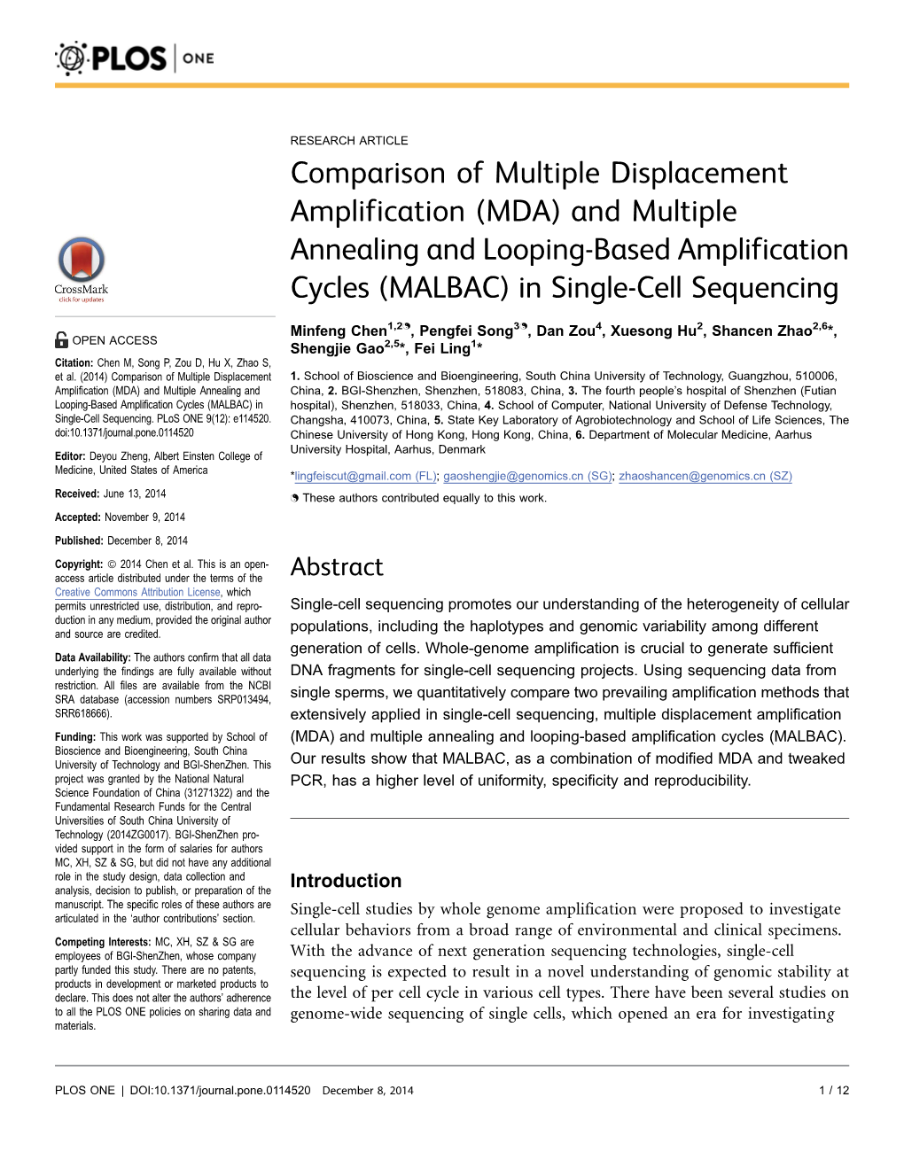 (MDA) and Multiple Annealing and Looping-Based Amplification Cycles (MALBAC) in Single-Cell Sequencing
