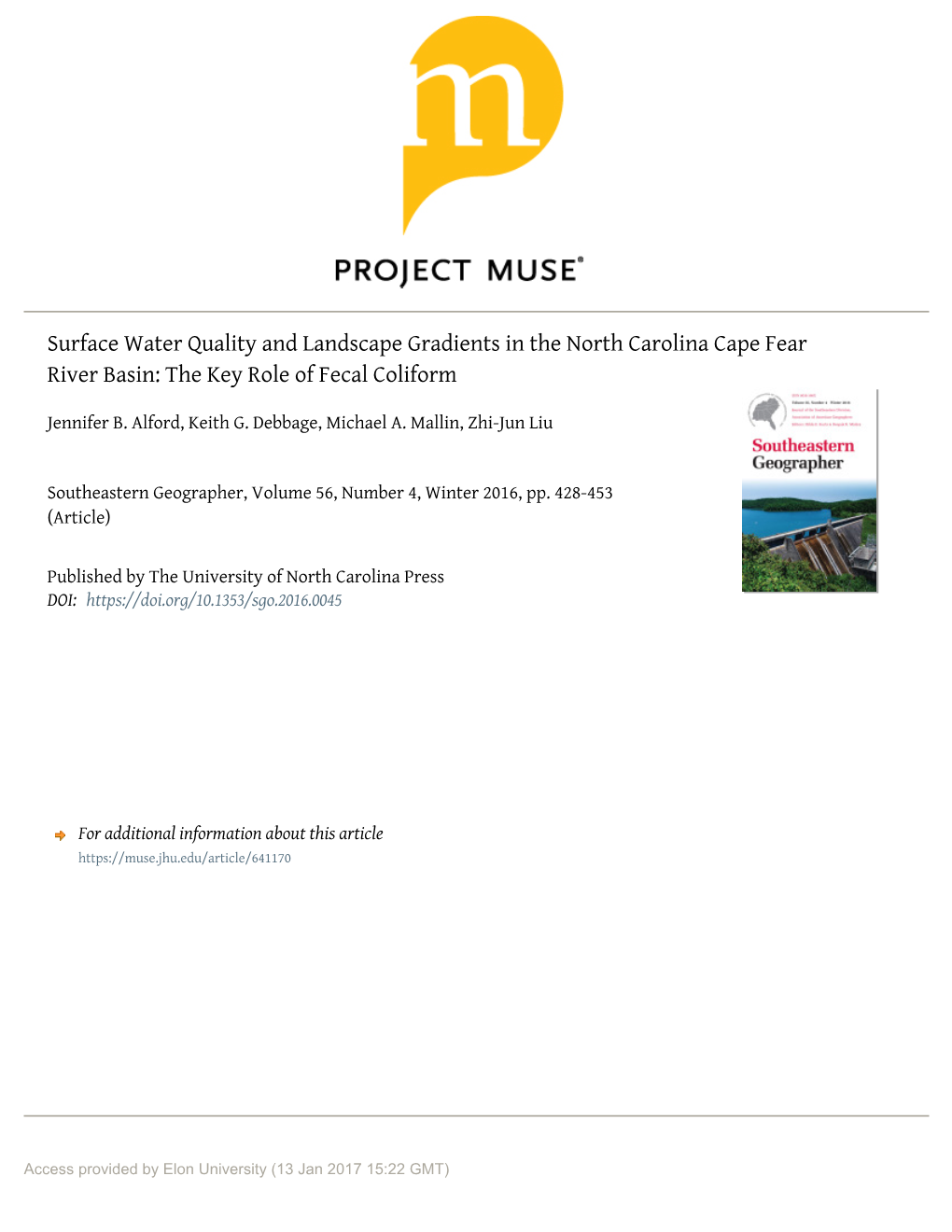 Surface Water Quality and Landscape Gradients in the North Carolina Cape Fear River Basin: the Key Role of Fecal Coliform