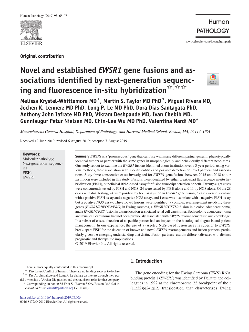 Novel and Established EWSR1 Gene Fusions and Associations Identified