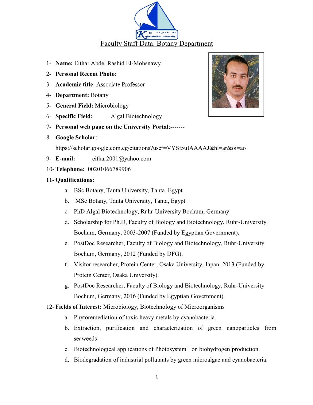 Faculty Staff Data: Botany Department