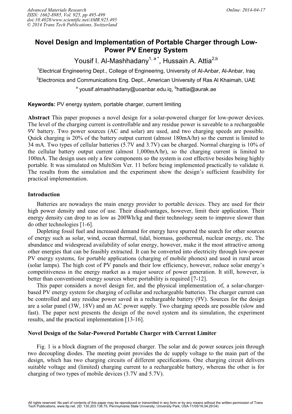 Novel Design and Implementation of Portable Charger Through Low- Power PV Energy System Yousif I