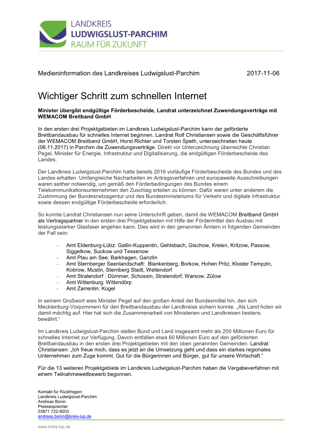 Landkreis Ludwigslust-Parchim Kann Der Geförderte Breitbandausbau Für Schnelles Internet Beginnen