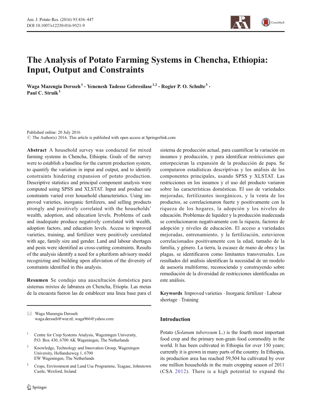 The Analysis of Potato Farming Systems in Chencha, Ethiopia: Input, Output and Constraints