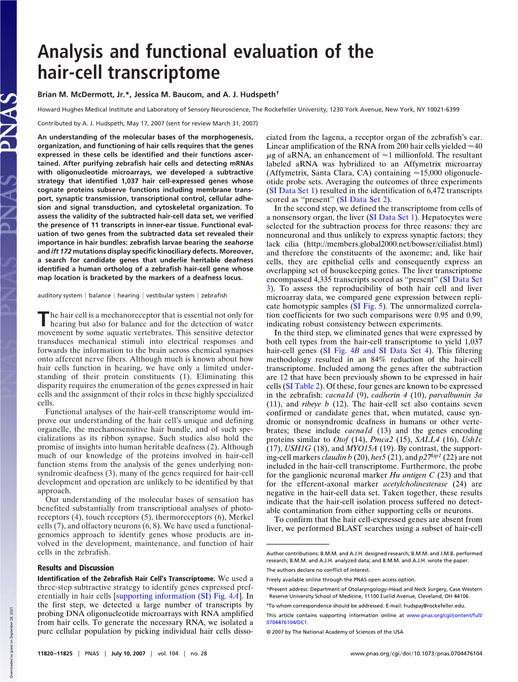 Analysis and Functional Evaluation of the Hair-Cell Transcriptome