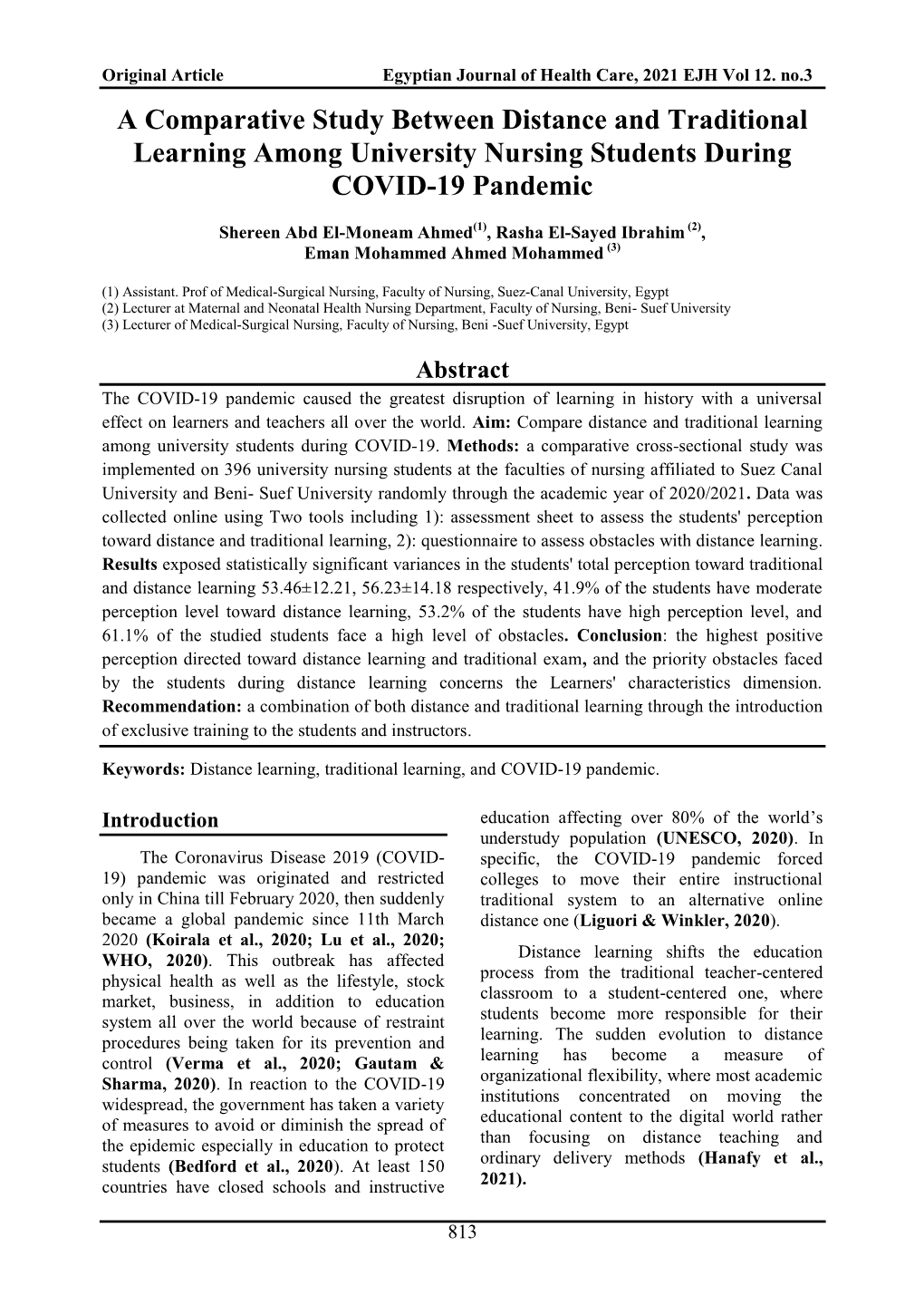 A Comparative Study Between Distance and Traditional Learning Among University Nursing Students During COVID-19 Pandemic