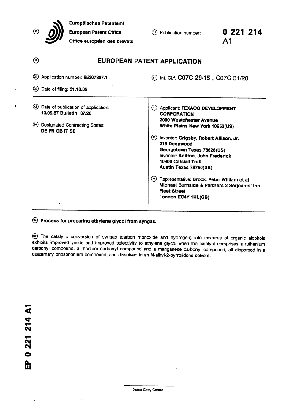 Process for Preparing Ethylene Glycol from Syngas