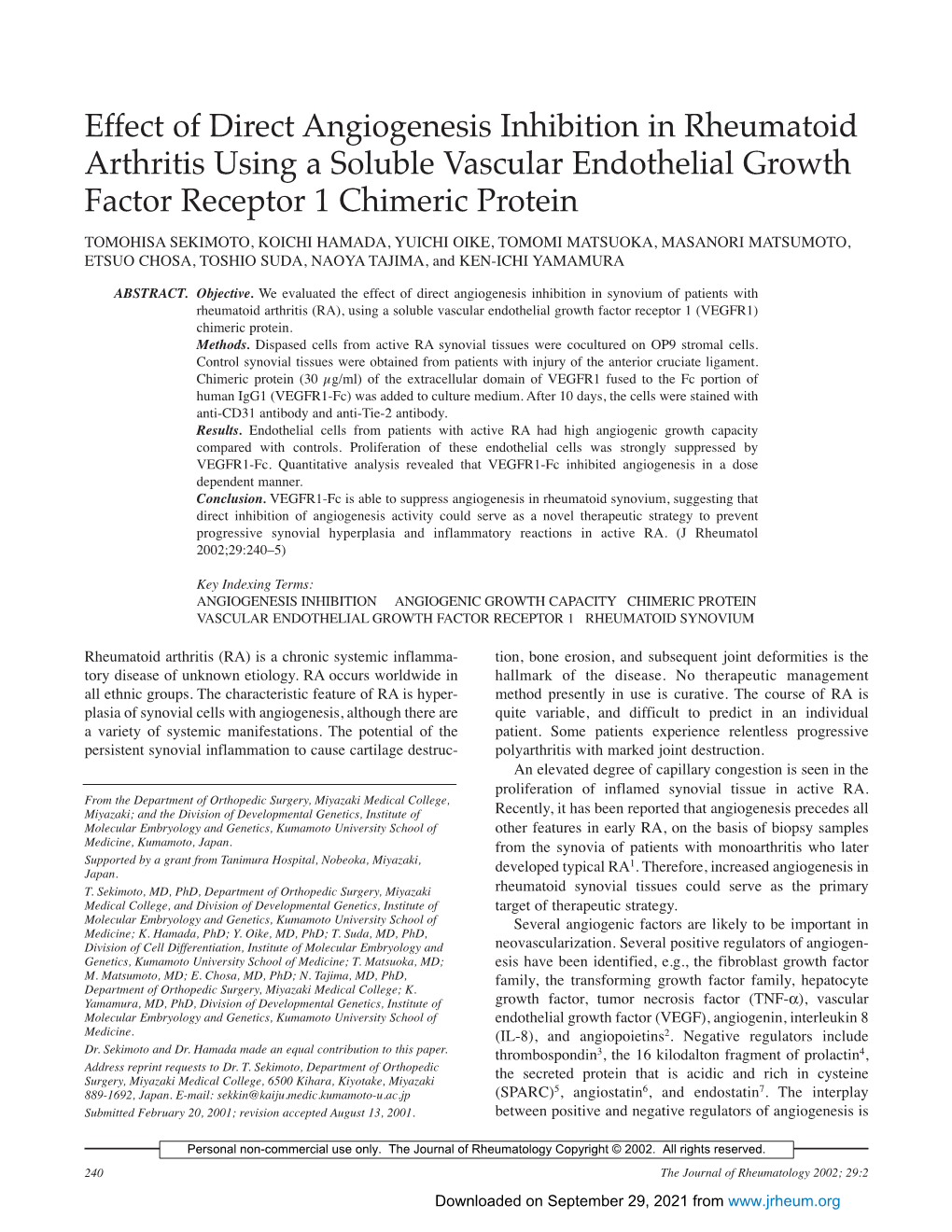 Effect of Direct Angiogenesis Inhibition in Rheumatoid Arthritis Using a Soluble Vascular Endothelial Growth Factor Receptor