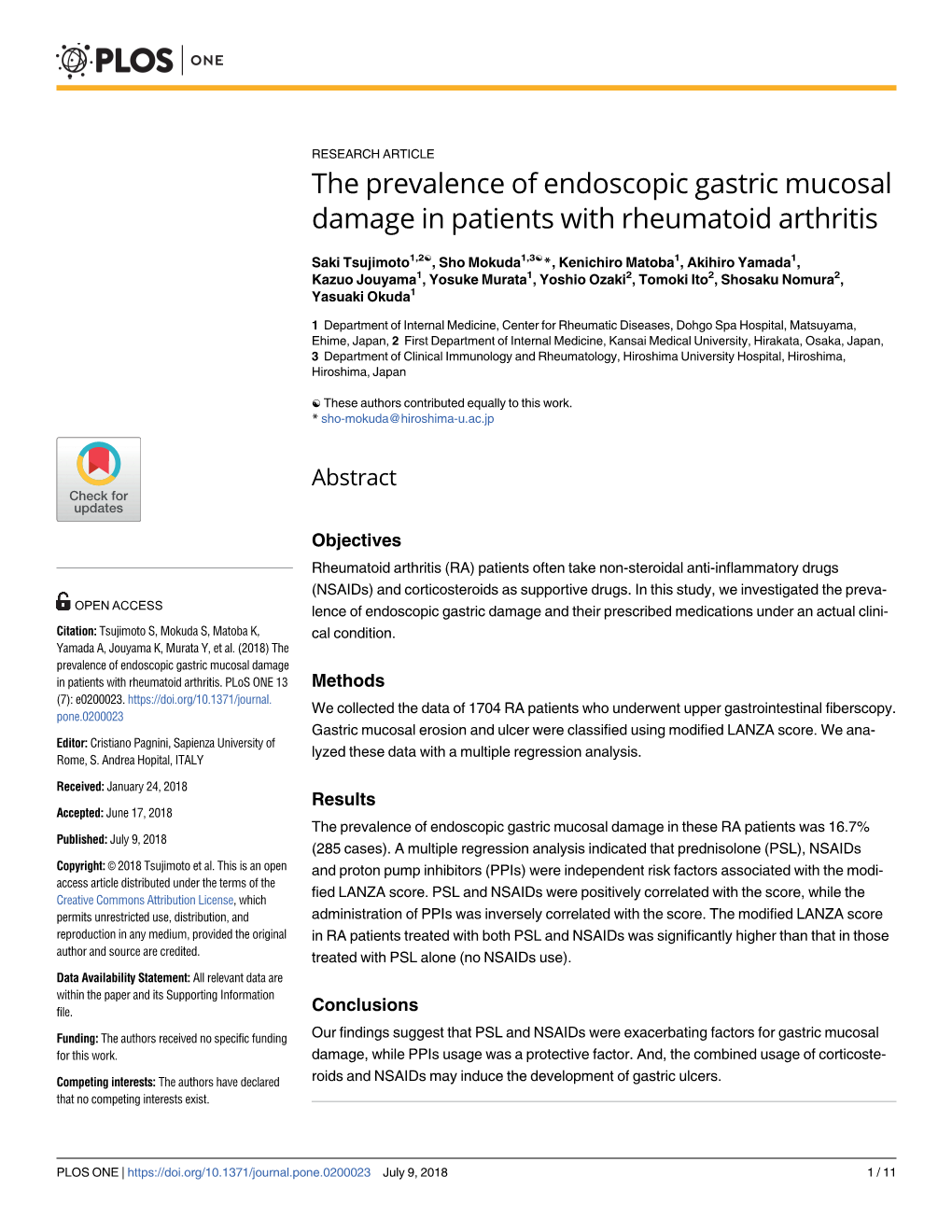 The Prevalence of Endoscopic Gastric Mucosal Damage in Patients with Rheumatoid Arthritis